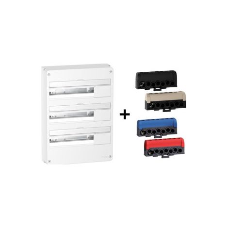 Schneider - Resi9 - Coffret 3 Rangu00e9es de 18 Modules + Borniers 3 Phases + 1 Neutre - Ru00e9f. : R9H18403+R9H13411P (1/4)