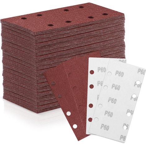 Lot de 100 feuilles abrasives - 93 mm x 185 mm - Grain 60 - 8 trous - Papier de verre avec velcro - Différents accessoires - Matériaux pour ponceuse orbitale (1/5)