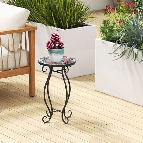Support Pots de Fleurs Plateau en Céramique à Motifs Mosaïque Florale Cadre en Métal Porte Plante Intérieur&Extérieur (1/2)