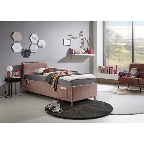 Meise Möbel Kinderbett FUN 90x200 cm  Bettgestell  Kopfteil glatt  Webstoff Rose  Holzfuß eichefarbig (1/5)
