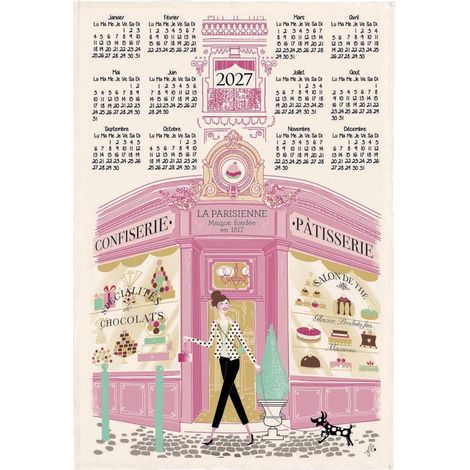 Torchon de Cuisine Calendrier 2027 Façade Pâtisserie 100% Coton Écru 48 x 72 cm - PANGIVO