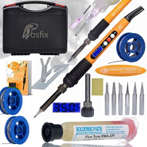 Rosfix Set Elektronik-Lötstation Electric S – 60 W Präzisions-Lötkolben mit LCD, 180–500 °C 6 Spitzen, Lötzinn, Flussmittel, Halter, Schwamm Werkzeugkoffer 253×213×72 mm (1/5)