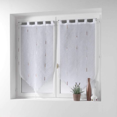 Douceur d'Intérieur - Coppia di tende, con pompon e passanti, 90 x 90 cm, velate, sabbiate, con fili di ciniglia, colore: Natural