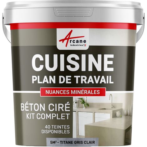 Béton ciré cuisine, plan de travail, crédence, évier sol et mur revêtement mural décoratif kit complet - 5 m² (en 2 couches) Titane Gris Clair - ARCANE INDUSTRIES