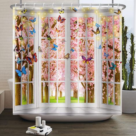 140x180cm Rideau de Douche Vue Fenêtre Fleurs Colorées, Papillon Rose Pêche, Style Romantique Printemps, Plante Sauvage Tissu Imperméable Polyester avec Crochet (1/5)