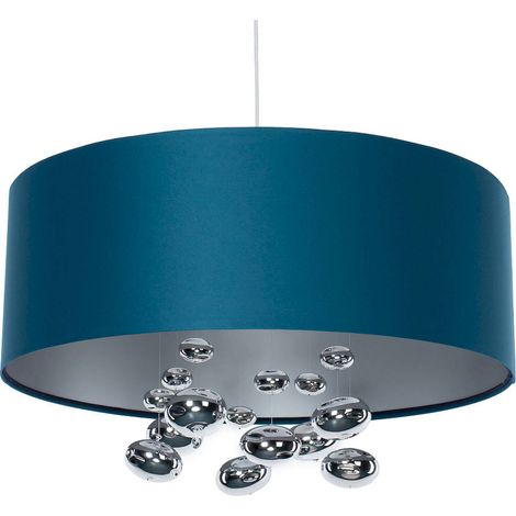 Suspension élégante bleu satin et boules décoratives argentées - Ø 60 cm - H22 cm