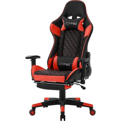 ML-Design Gaming Stuhl mit Fußstütze, Rot, Kunstleder, Ergonomischer Bürostuhl mit Armlehne, Kopfstütze, Lendenkissen, Drehstuhl verstellbar, Hohe Rückenlehne, Racing Gamer Stuhl Schreibtischstuhl