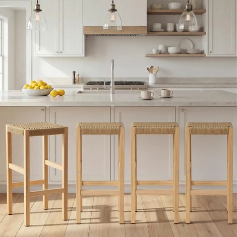 Wahson Set di 2 Sgabelli Cucina Sgabelli da Bar in Rattan, Bar Sgabelli Rustiche per Cucina Penisola/Ristorante, Legno Naturale (1/5)