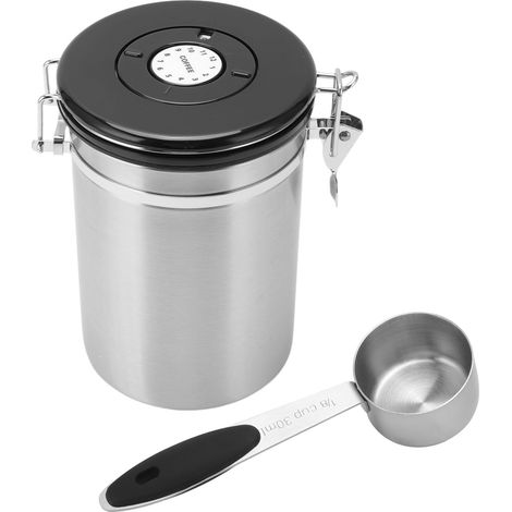 Boîte de conservation pour grains de café en acier inoxydable, hermétique, avec cuillère doseuse de 30 ml et fonction de suivi de la date. Capacité : 1,8 L. Couleur : [à compléter]. (1/5)