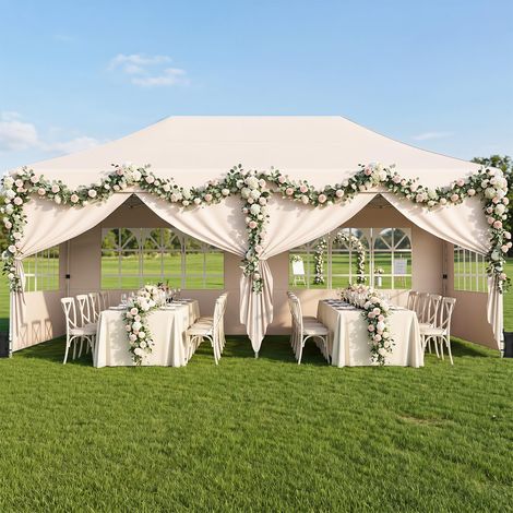 COSTWAY Tonnelle de Jardin Exterieur 3x6m, Tente de Réception avec 4 Parois Amovibles, Barnum Pliant Imperméable Réglable en 3 Hauteur avec Sac à roulettes et Sacs de Sable pour Marché Fête (Beige) (1/5)