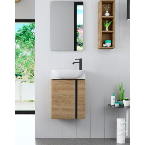 Mueble Baño Suspendido Fondo Reducido con Lavabo Cerámico 1 Puerta 45cm Roble Natural Tirador Cromo