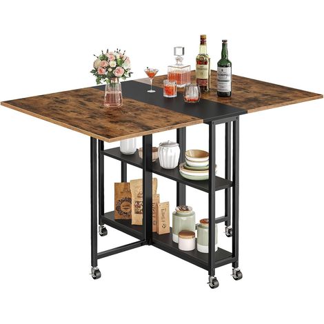 Table de Cuisine Pliante, Table Mobile, Bureau Rabattable avec 6 roulettes verrouillables et 2 étagères, pour Cuisine, Salon, Appartement, Marron Rustique et Noir (1/5)