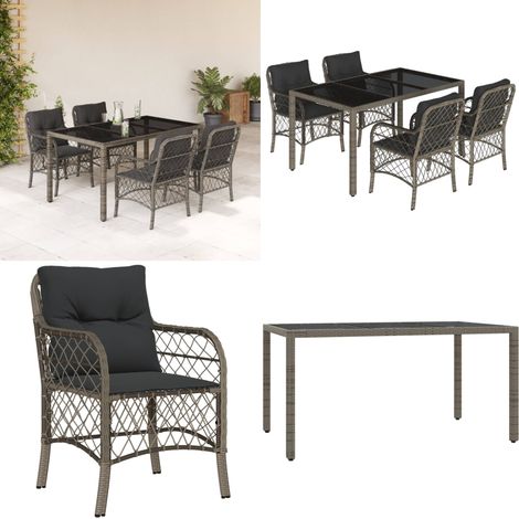 5-tlg. Garten-Essgruppe mit Kissen Grau Poly Rattan - Gartenessgruppe - Rattanmöbel (1/5)