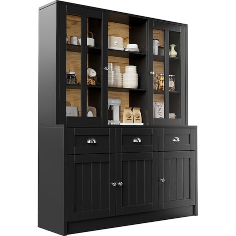 Mobile da cucina 140x38.5x175 cm, Credenza con vetrina e 3 cassetti, in MDF nero, per cucina, soggiorno o sala da pranzo