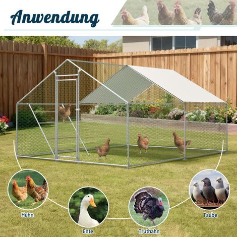 Poulailler 3x4 m avec échelle et serrure de sécurité, bâche imperméable anti-UV, tubes acier renforcé, pour poules, pigeons, canards, dindes