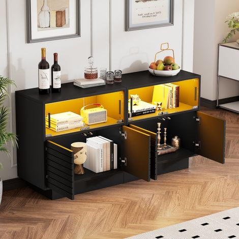 Buffet moderne 130x35x68 cm avec éclairage LED, portes vitrées, rangements spacieux, meuble salon haut - noir (1/5)