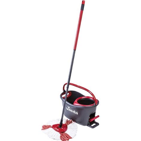 Vileda – Kit balai lave-sol Turbo avec seau essoreur à pédale – Manche télescopique 55-130 cm – Têtes en microfibres pour nettoyage efficace