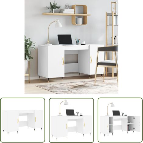 The Living Store Bureau blanc 140x50x75 cm bois d'ingénierie - Bureau Blanc - Bureau Compact - Bureau Étudiant - Meuble De Bureau - Mobilier De Chambre (1/5)
