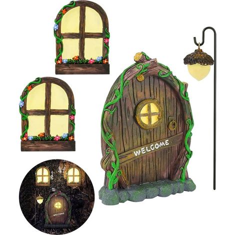 Set di porta e finestra fatate in resina con finestre luminose, sculture di alberi in miniatura e accessori decorativi per esterni. (1/5)