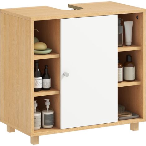 Meuble vasque de salle de bain avec 2 portes à fermeture douce et 6 étagères ouvertes, 60 x 33 x 57 cm, blanc (1/5)