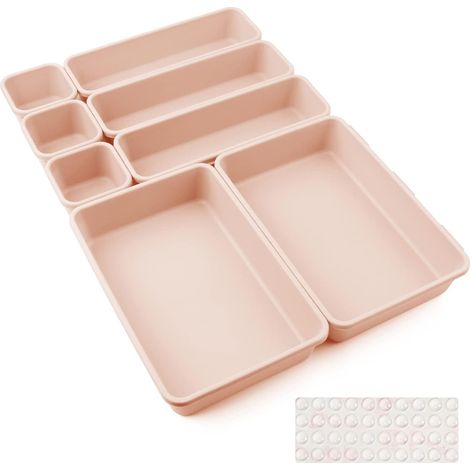 8 Pcs Organisateur Rangement Tiroir Cuisine Organiseur de Rangement Bureau Tiroir Plastique Salle avec 40 Pcs Boule Bntidérapante en Siliconedede Bain Plateaux pour Maquillage, Cuisine(Rose) (1/5)
