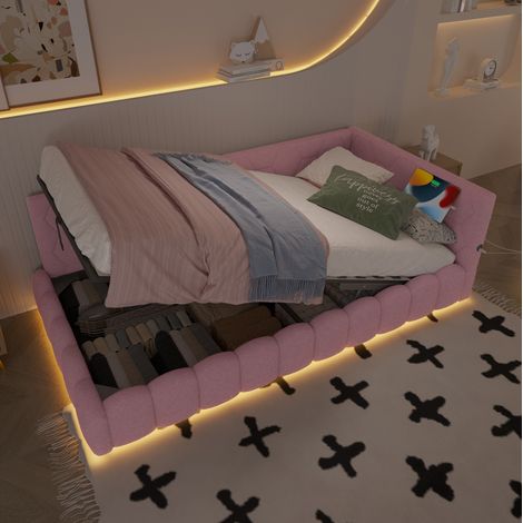 Lit de jour velours rose 90x200 cm avec rangement hydraulique, LED, USB/Type-C et sommier à lattes inclus (1/5)