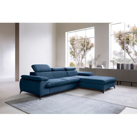 Emporius Canapé d'angle Xanto M avec appuie-têtes réglables, rangement, droite - canapé convertible, velours, bleu (1/5)