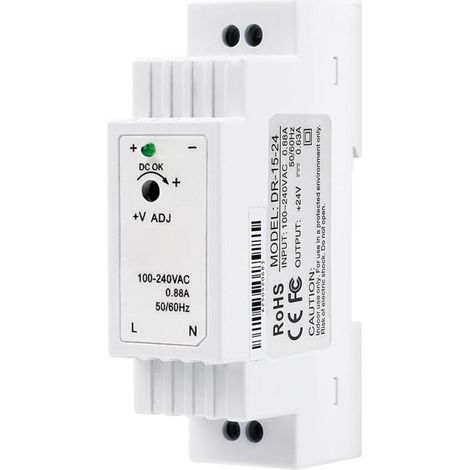 24V DIN rail power supply, 0.63A 15.2W DIN rail transformer, AC100V–240V input, DC24V output, switch-mode power supply for industrial automation DR-15-24 (1/5)