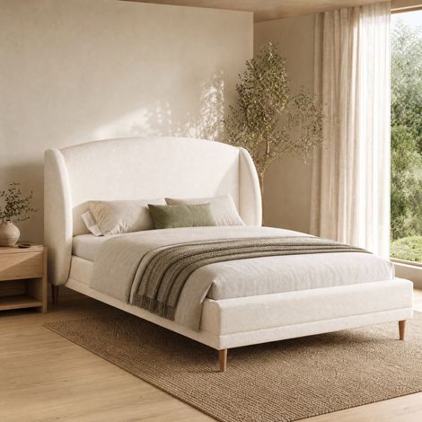 Lit 140x190 cm en tissu bouclé blanc, tête de lit à oreilles, sommier à lattes inclus (1/5)