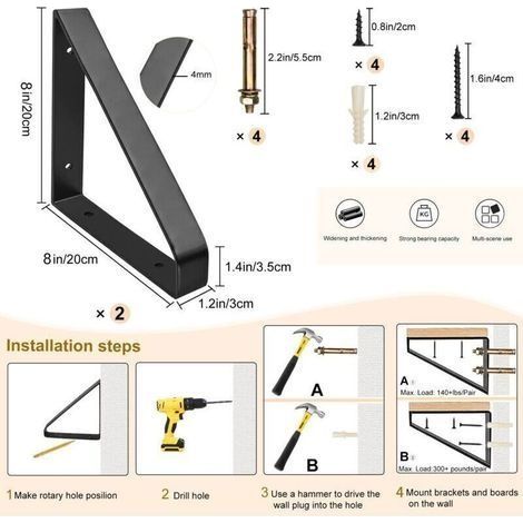 Wandhalterung aus massivem Metall (4 mm) – Tragkraft: 136 kg – Abmessungen: L 20,3 cm x H 20,3 cm x B 3 cm – Set mit 2 Regalhalterungen (1/3)