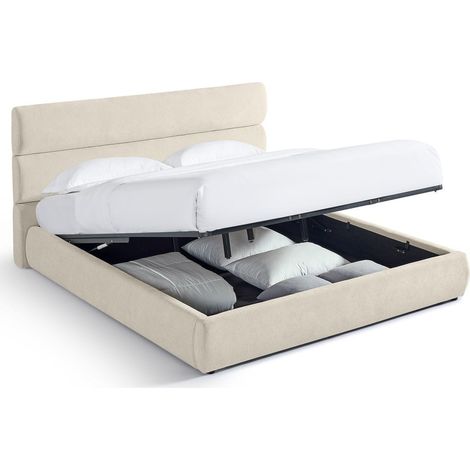 Lit coffre adulte 180x200 cm avec tête de lit capitonnée en tissu chenille beige - Simon
