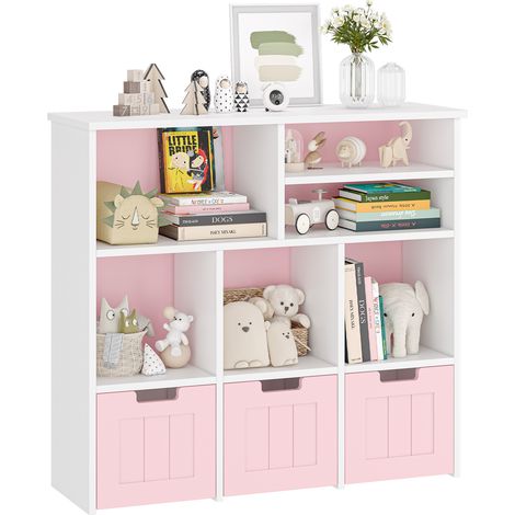 Meuble bibliothèque enfant 3 tiroirs amovibles, 6 casiers, étagère livres et jouets sur roulettes discrètes – Idéal chambre, salle de jeux, crèche – Blanc et rose – Finition White powder (1/5)