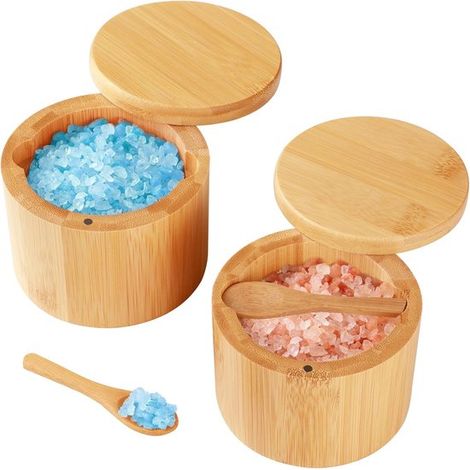 Salière avec couvercle - 2 pièces - Bambou - Pot à épices - Sucrier - Cuisine - Salière - Robuste - Cuillère intégrée - Couvercle magnétique rotatif - Marron (1/5)