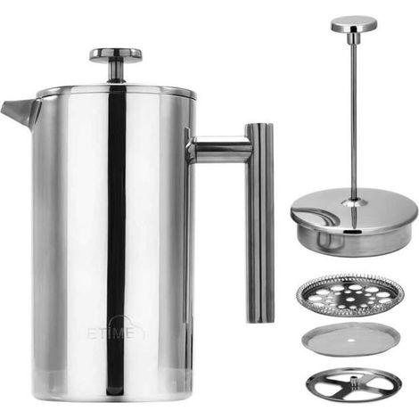 (Silberne) Edelstahl-Kaffeemaschine im French-Press-Stil mit Filter, 1 l, wärmeisoliert (1/4)