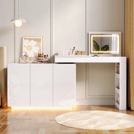 MEUBLIV Coiffeuse d’angle 100x40x80 cm blanche – LED, rangement, bureau (1/5)