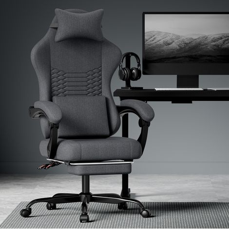 Chaise gaming en tissu, fauteuil bureau ergonomique avec appui-tête, repose-pieds, noir (1/5)