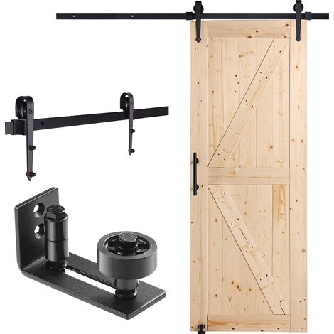 Kit de porte de grange et de quincaillerie, 762 x 2133,6 mm, porte de grange coulissante en bois, silencieuse, avec guide au sol 8 en 1 et poignée de porte, dalle lambrissée en bois d'épicéa
