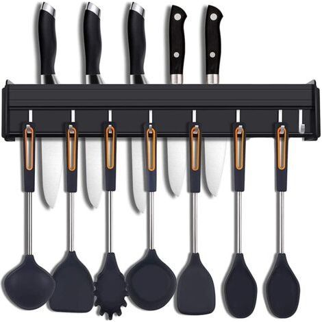 Kitchen Utensil Holder with Hooks, Wall Mounted Kitchen Utensil Rack, Kitchen Wall Mounted Pot Holder for Knives, Wall Hanging Pot Holder for Hanging Cooking Utensils (1/4)