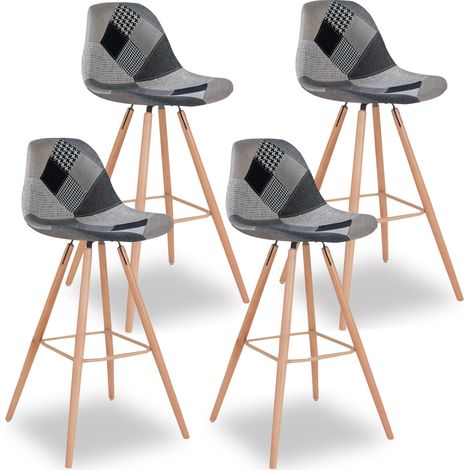 Idmarket – Lot de 4 tabourets de bar SARA – Assise en polypropylène – Dossier rembourré – Design scandinave – Motifs patchworks noirs, gris et blancs