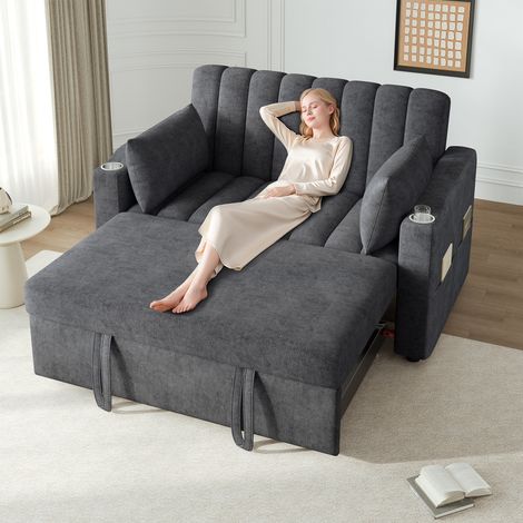 Modernes, ausziehbares Doppelschlafsofa mit Schlaffunktion, verstellbarer Rückenlehne, Getränkehalter und Staufach, grau