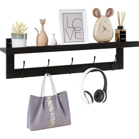 Patères avec étagère murale, 74 cm, étagère à suspendre en bambou avec 5 crochets doubles en métal pour salle de bain, chambre à coucher, cuisine, salon, vestiaire (noir) (1/5)