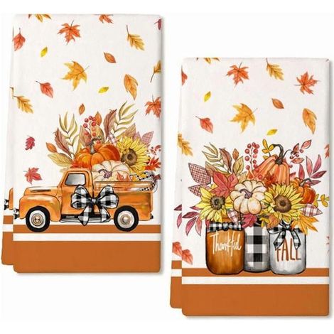 Torchons de cuisine d'automne pour la décoration automnale, lot de 2 torchons à vaisselle orange, citrouille, camion et feuille d'érable, 45 x 65 cm, style ferme, maison, Thanksgiving et récolte (1/5)