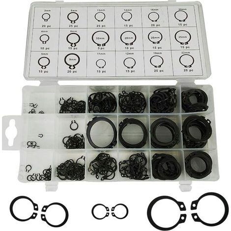 Coffret assorti de 300 circlips externes – 18 tailles de 3mm à 22mm – Métal solide – Boîte de rangement transparente (1/5)