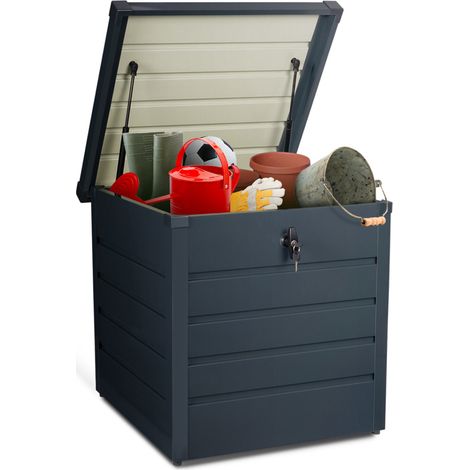 Idmarket – Coffre de jardin métal verrouillable gris anthracite 200L – Dimensions 68x62,5x63 cm – Résistant aux intempéries – Ouverture facile avec vérins à gaz