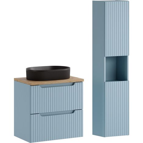Ensemble meuble suspendu avec vasque noir 60 cm plan chêne et colonne 30 x 140 cm NOVA DENIM bleu (1/5)