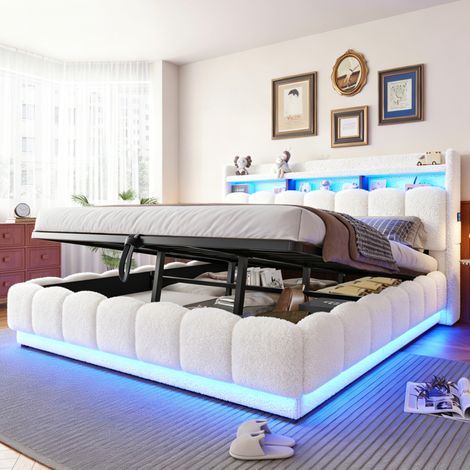 Lit capitonné 180 x 200 cm avec coffre de rangement hydraulique, revêtement en peau de mouton, bande lumineuse LED et port USB, sommier à lattes métalliques, très grand espace de rangement, lit simple (1/4)
