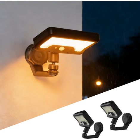 Lot de 2 lampes solaires à détecteur de mouvement pour extérieur, énergie solaire ou USB, avec support rotatif à 360° et 3 modes, étanche IP65 pour clôture, camping, cour (lumière chaude) [Classe éner (1/5)