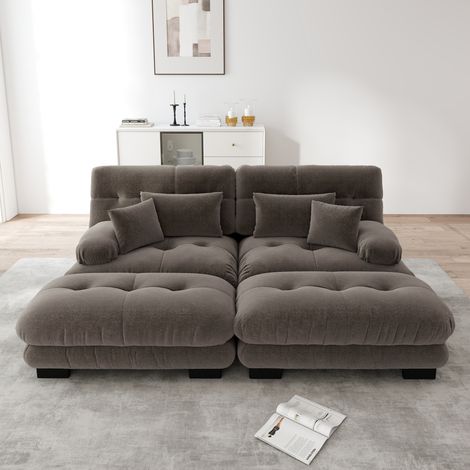 Divano angolare modulare in ciniglia marrone con 2 cuscini lombari e 2 pouf HAVRYA (1/5)