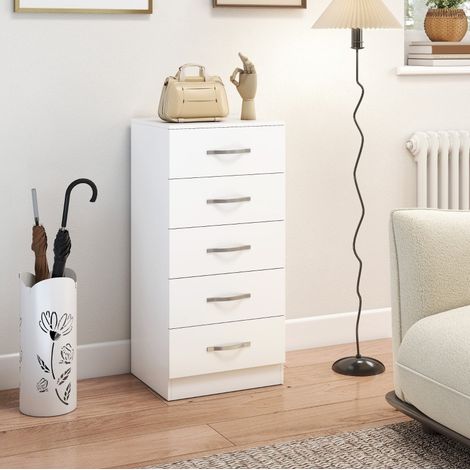 Commode 5 tiroirs 40x35x85 cm en panneaux de bois blanc, gain de place pour chambre FloraGrace (1/5)