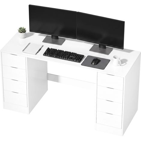 Bureau de 140 cm avec 8 tiroirs, bureau moderne avec espace de rangement, aspect bois blanc (1/5)
